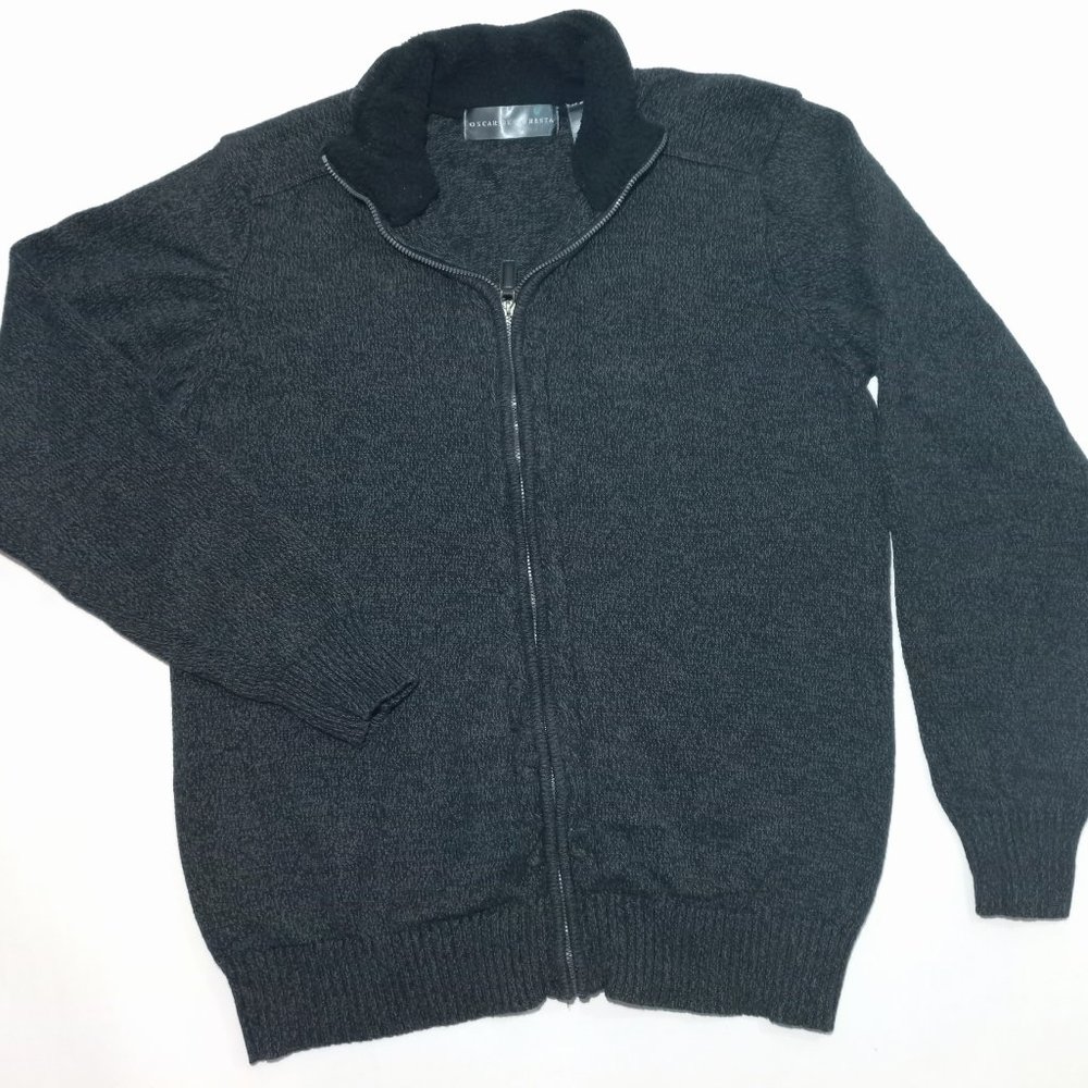 Oscar De La Renta Gray Full Zip Long Sleeve Sherpa Collar Sweater Pullover Men M